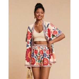 Boho Floral Kimono and Shorts Two Piece Set Cream Multi Large